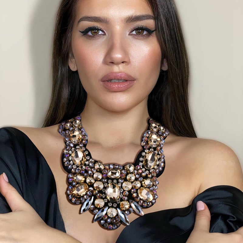 Flyonce Brown Rhinestone Crystal Bib Chunky Collar Statement Necklace for Women Costume Jewelry - Image 2